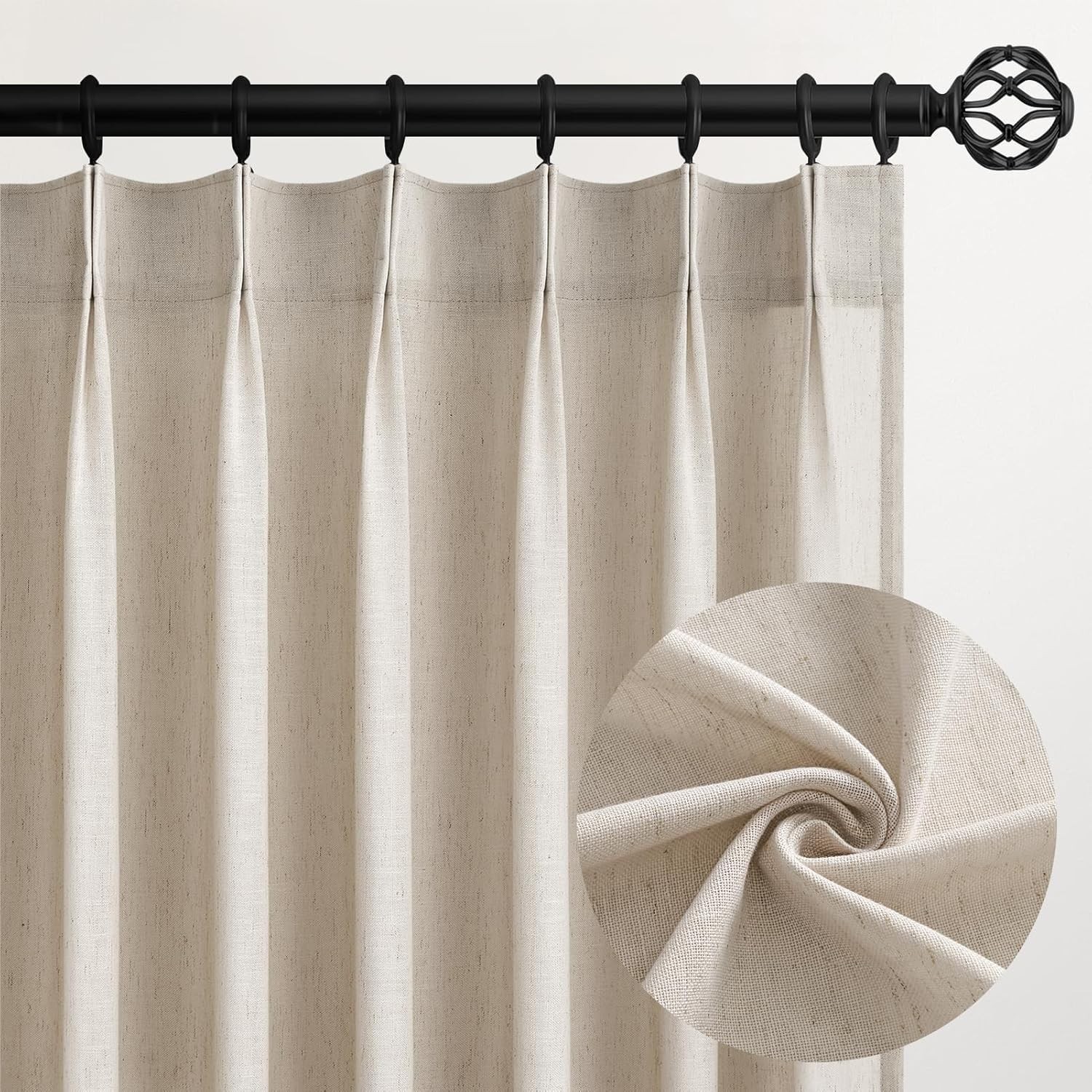 Oatmeal 105″ Pinch Pleated Linen Curtains – 2 Panels for Living Room/Bedroom