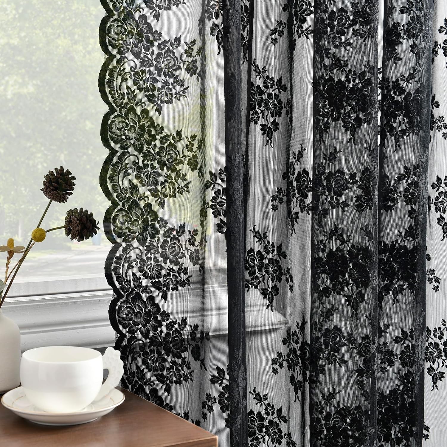Kotile Black Lace Curtains 72 Inches Long 2 Panels, Country Rustic Floral Goth S