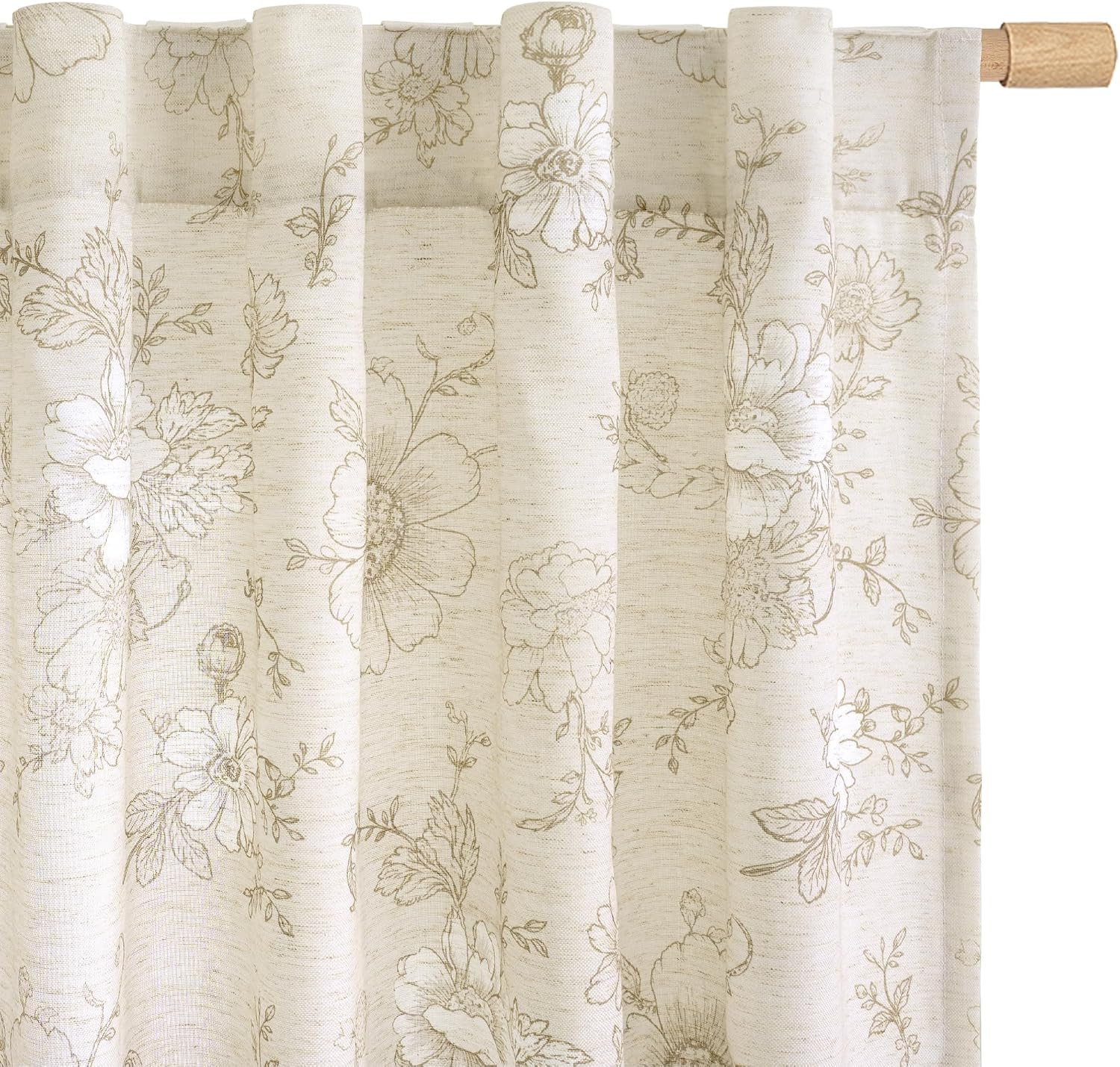 LAMIT Taupe Floral Linen Curtains 63 inch Length, Light Filtering Country Vintag