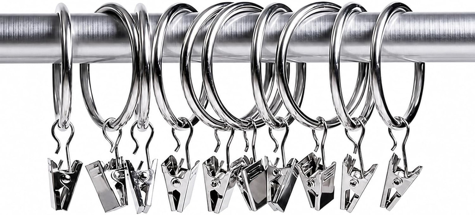 44 Pack Curtain Rings with Clips Hooks 1.5 in Diameter Rustproof | Metal Stainle