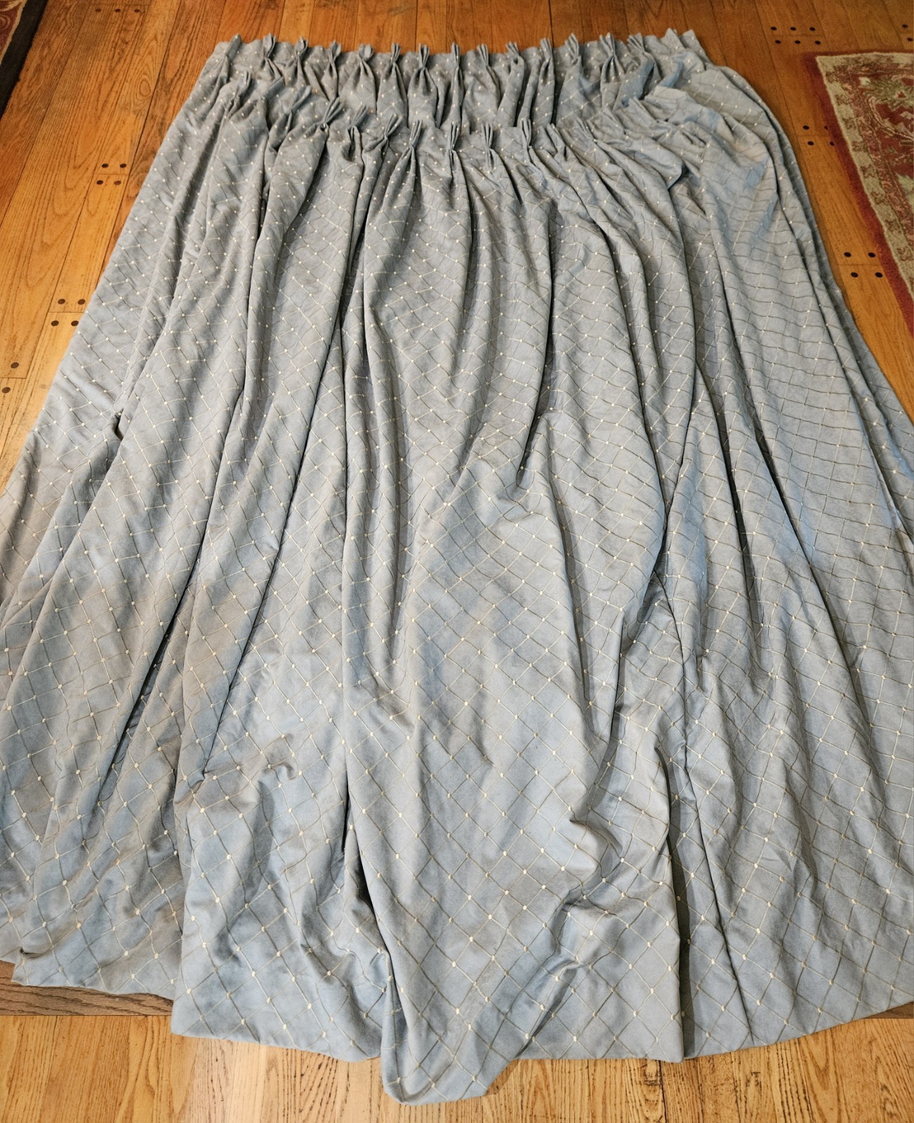 Custom Made Pinch Pleat Blue Embroidered Pattern Lined (2) Curtain Panels 64×93