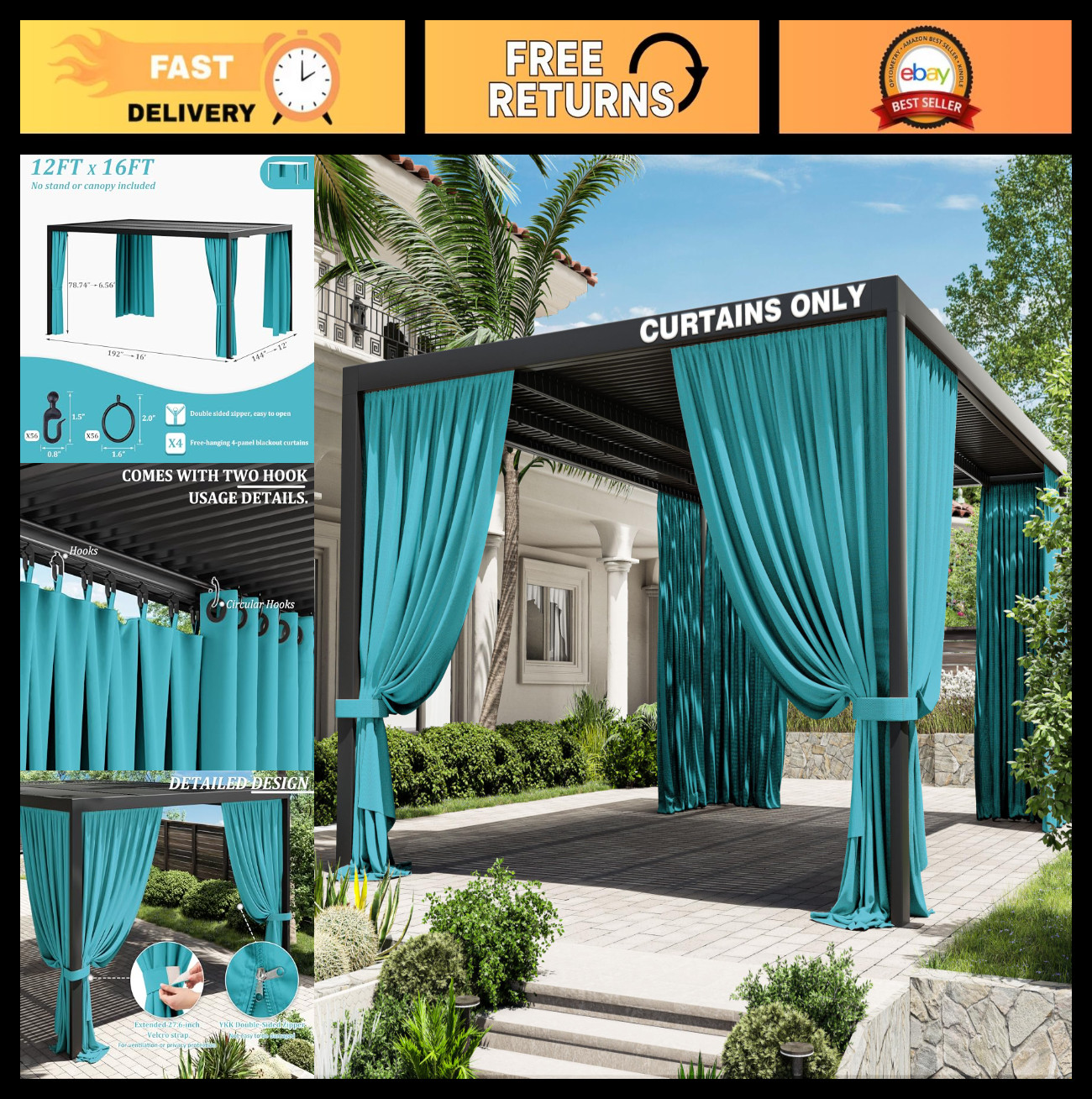 Universal Replacement Privacy Curtains for 12’×16′ Gazebo – Waterproof 4-Panels