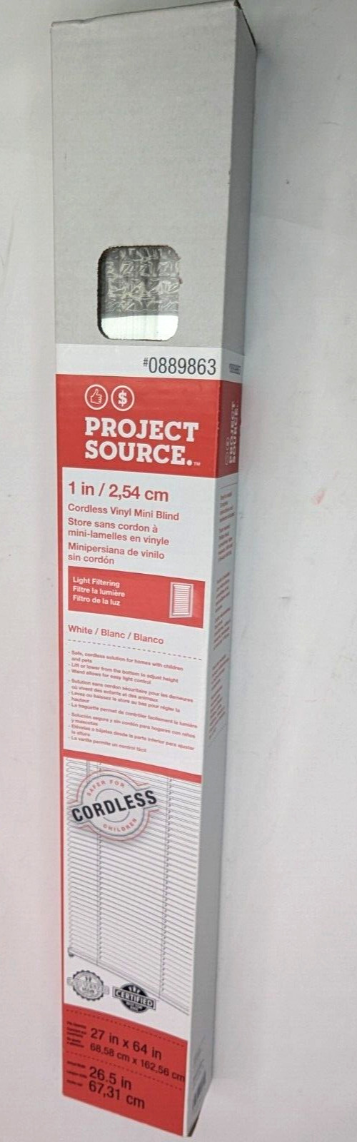 Project Source 1″ Cordless Vinyl Mini Blind, White – Size 23″ x 42″ – Child Safe