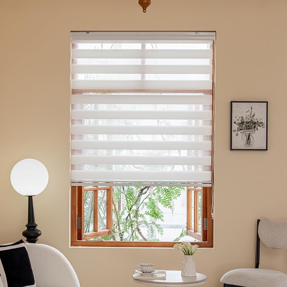 Zebra Blinds for Windows, 72″ H x 46″ W White Light Filtering Semi Sheer Roller