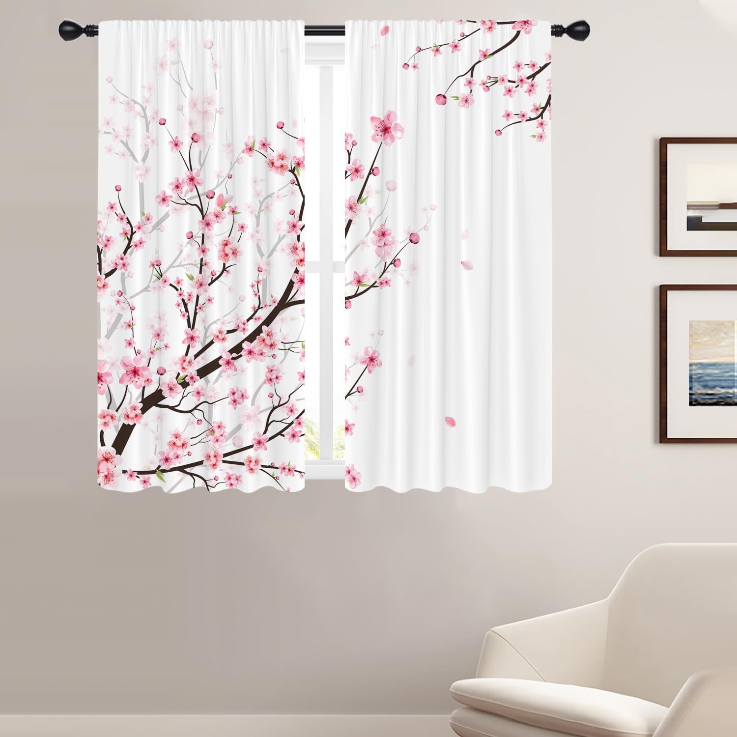 Cherry Blossom Window Curtains for Bedroom 42 X 63 Inch Rod Pocket Pink and Whit