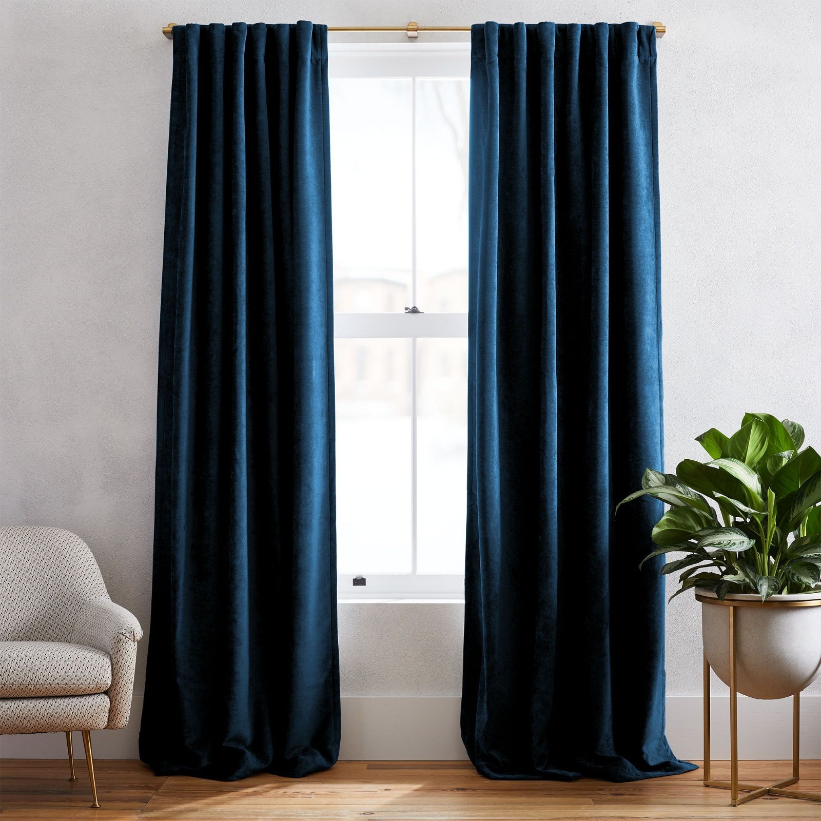 New West Elm Worn Velvet Drapes 48′ x 108″ Set of 2 ~Regal Blue~ Pottery Barn