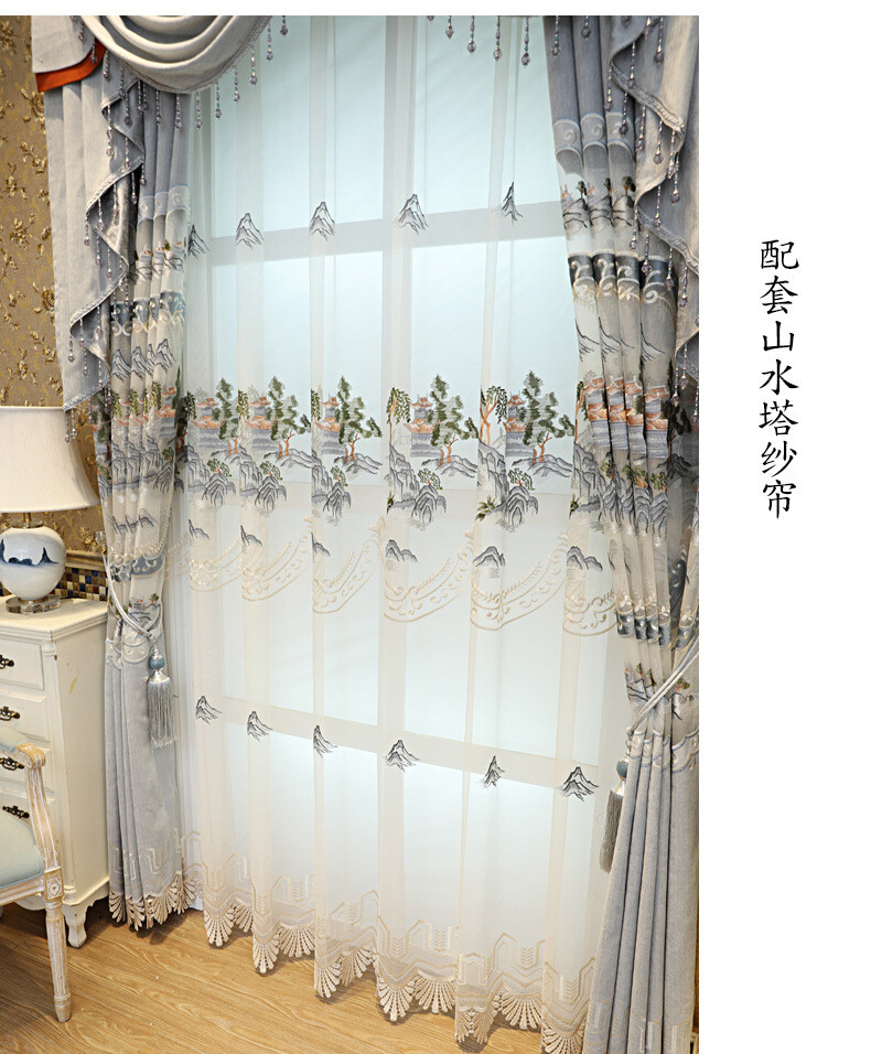 Custom Chinese landscape embroidery simple grey cloth curtain valance drape C973