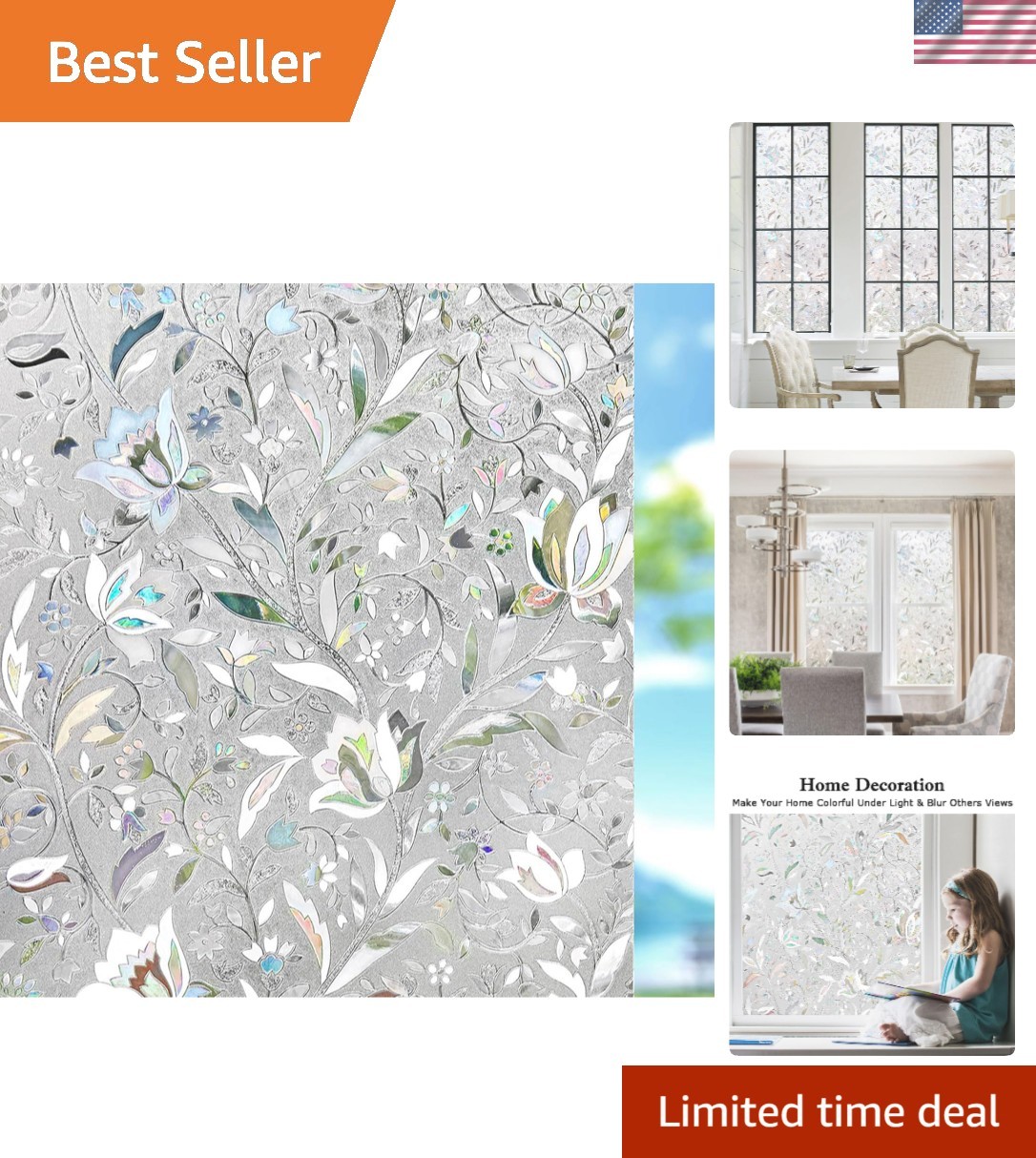Vinyl Stained Glass Decorative Window Film – 17.5×78.7in UV Blocking Privacy