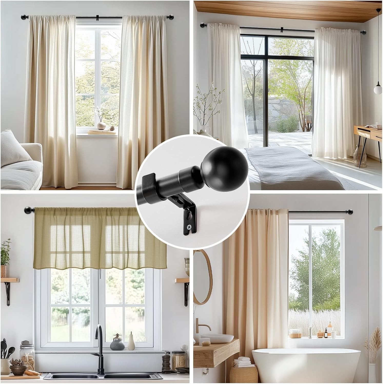 Black Curtain Rods for Windows 1 Inch Heavy Duty Adjustable Outdoor Indoor Set