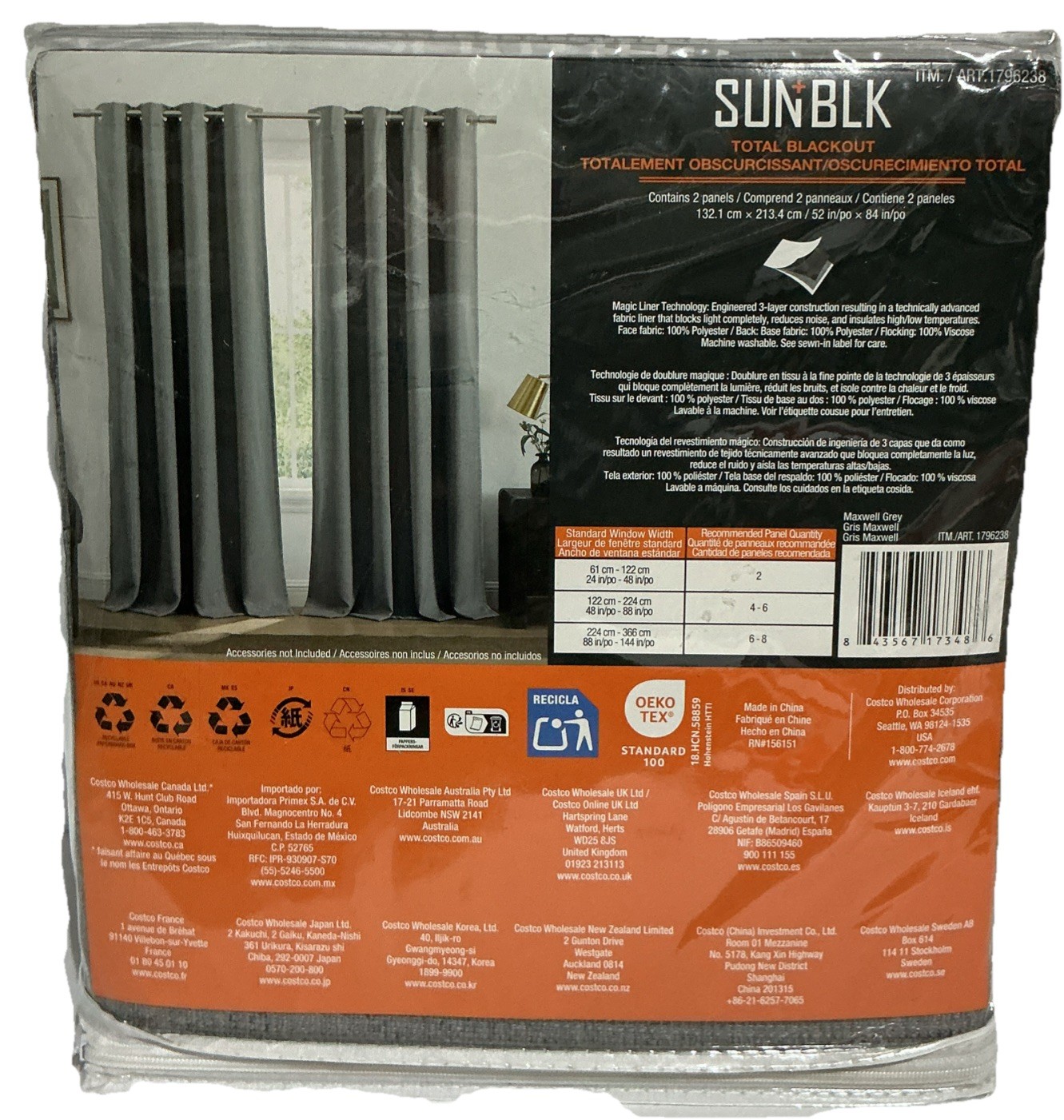 SUN+BLK Total Blackout Window Curtains, 52” x 84”, 2-piece Set. Maxwell Grey