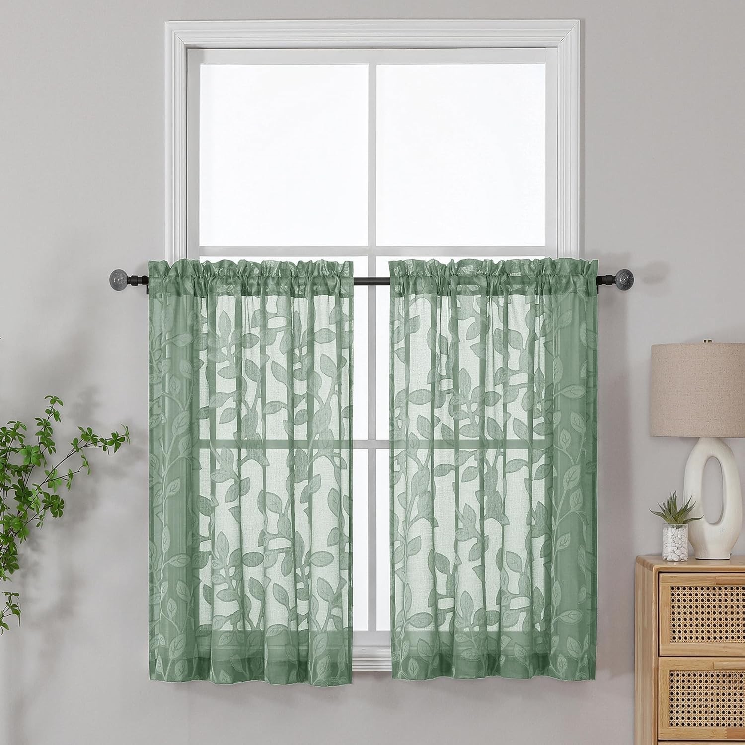 Sage Green Sheer Short Curtains 36 Inch Length 2 Panels, Light Filtering Small