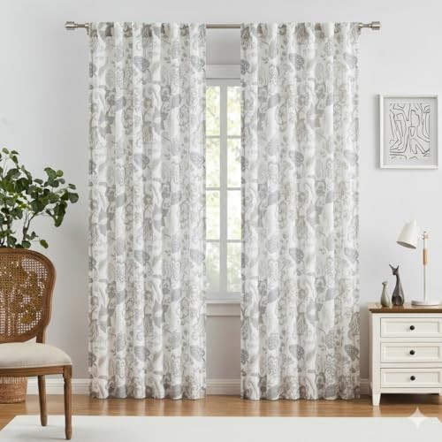 Backtab Rod Pocket Jacobean Floral Semi 52″W x 84″L (Pack of 2) Linen Grey