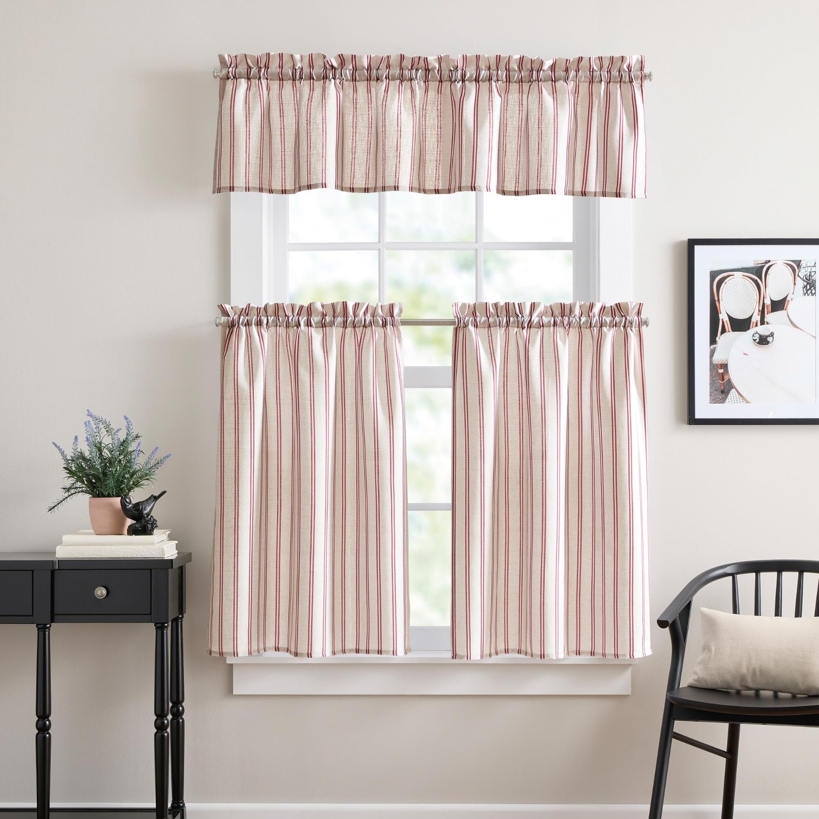 Red Striped Beige Kitchen Curtain Set – 3 Piece Tier & Valance – 36 Inch – Light