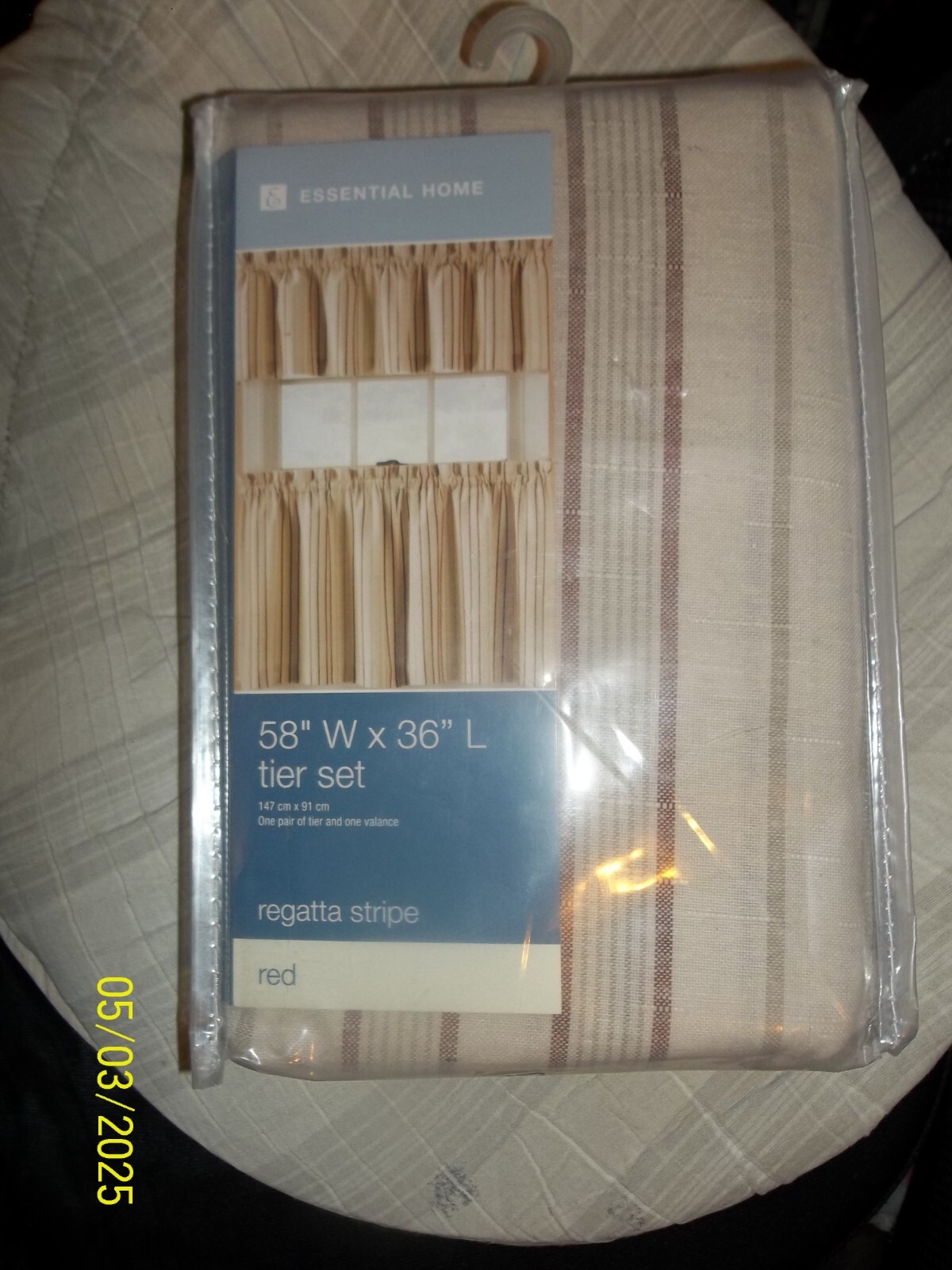 ESSENTAIL HOME~REGATTA STRIPE~3 PIECE TIER & VALANCE CURTAIN SET~NEW~ROD POCKET
