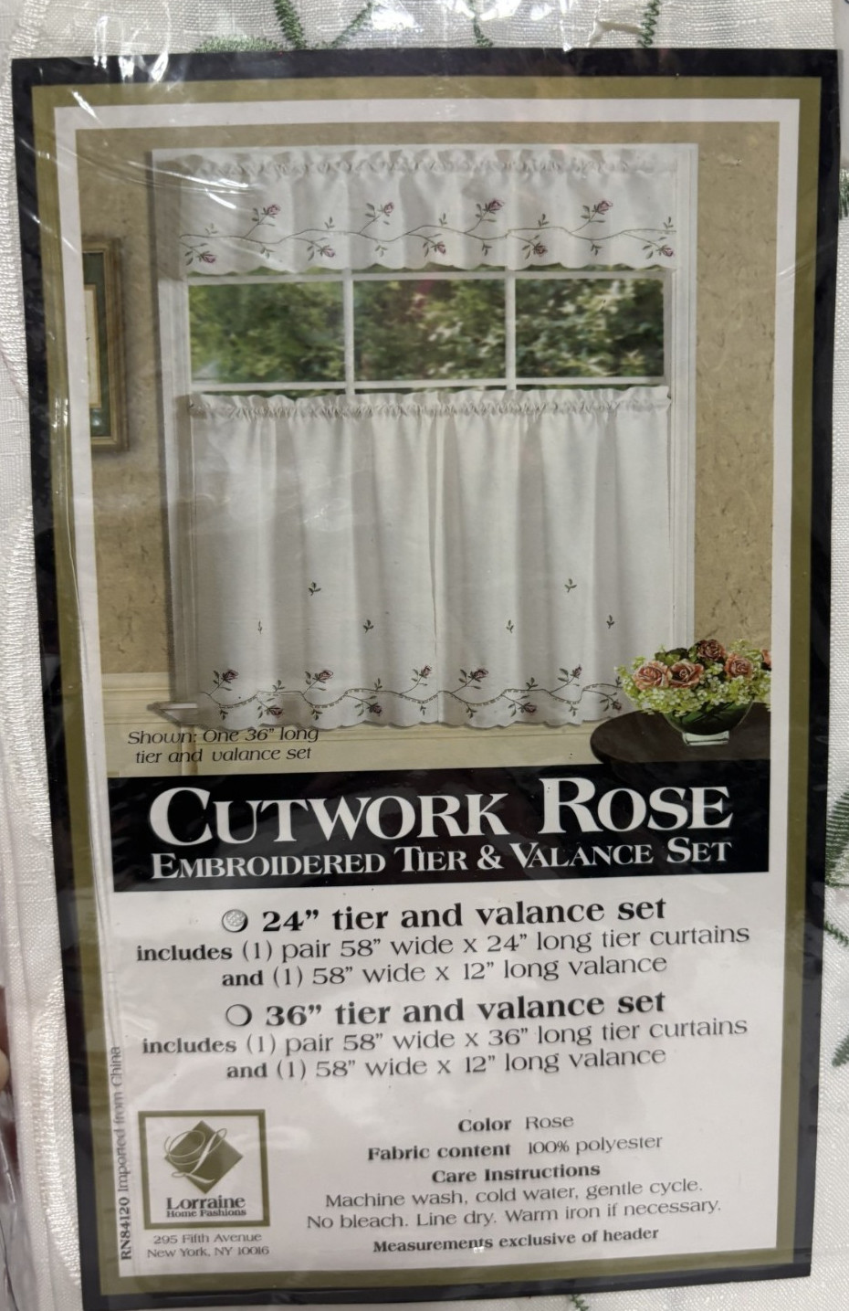 Cutwork Rose Embroidered Tier & Valance Set 24″ Roses Leaves *NEW in Package*