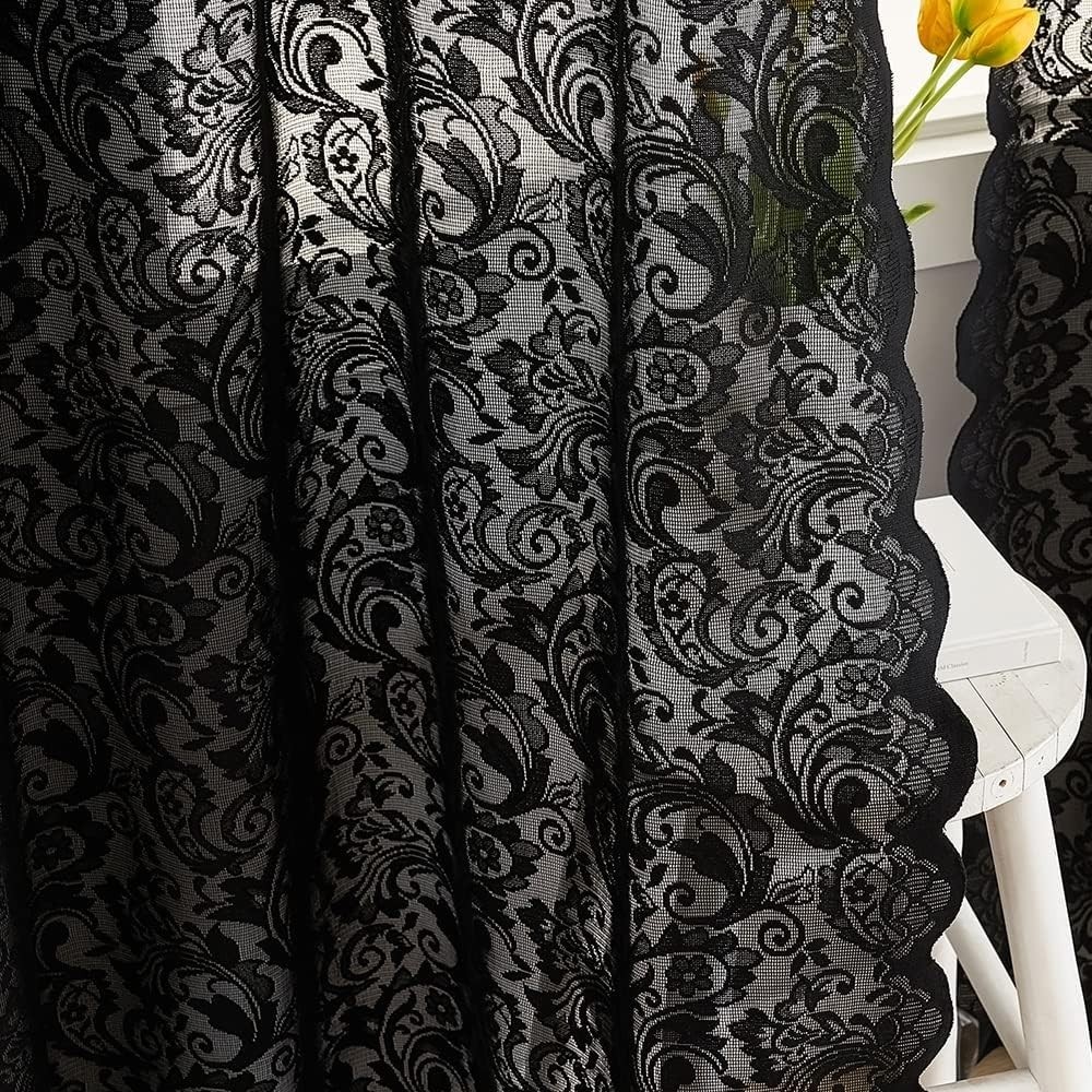 Black Lace Curtains 2 Panels 52×84 Gothic Sheer Boho Doorway Living Room
