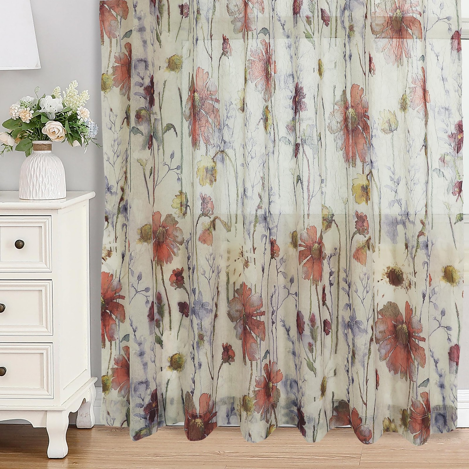 OWENIE Crushed Sheer Curtains 63 Inches 42″W x 63″L (Pack of 2), Multi Color