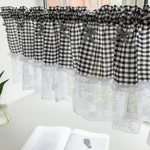 Black and White Buffalo Check Plaid Tier Curtains Floral Lace Semi Sheer