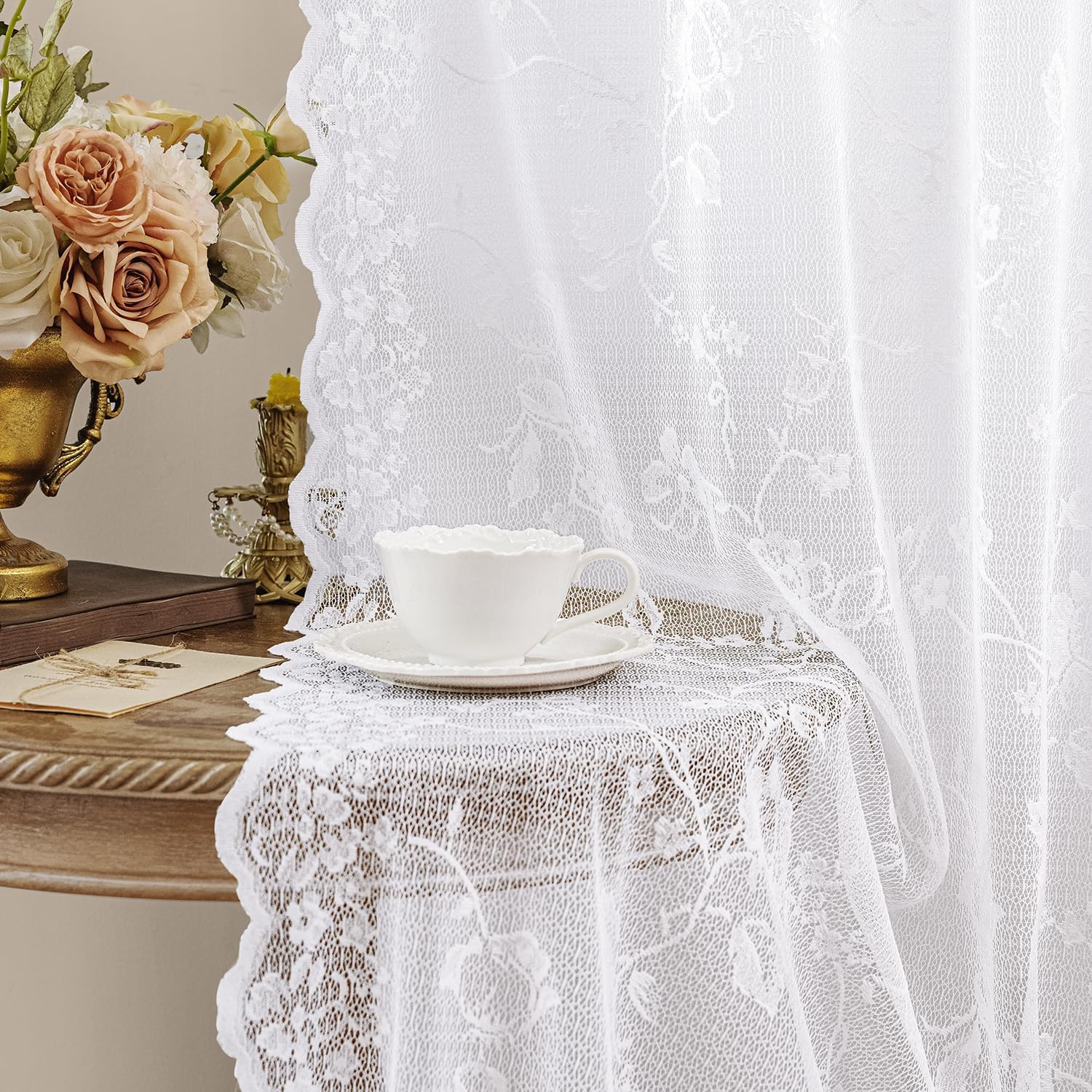 HOMEIDEAS White Vintage Sheer Lace Curtains for Bedroom Elegant Victorian Curtai
