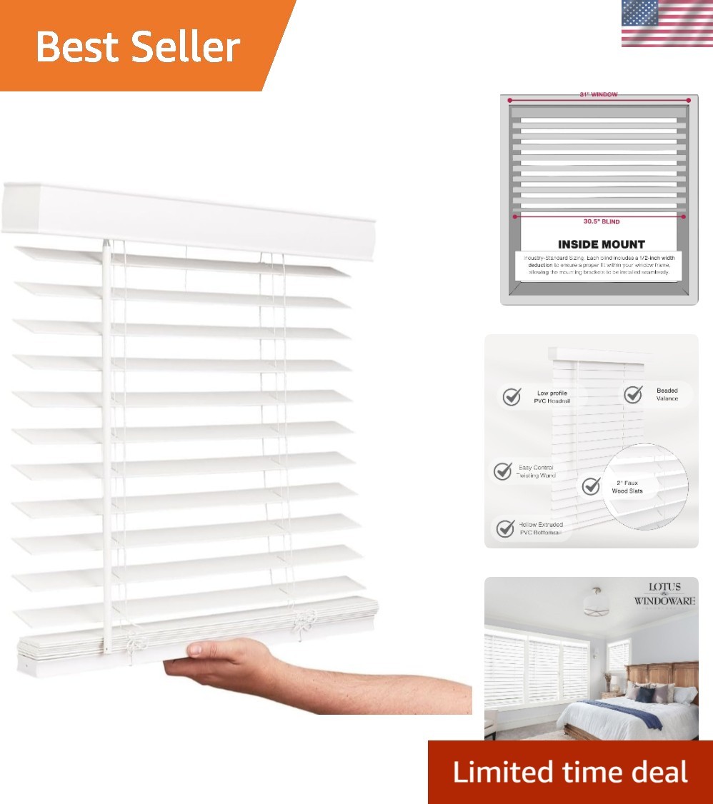 Stylish Snow White Faux Wood Blinds, Cordless & Room Darkening – 31″W x 36″H