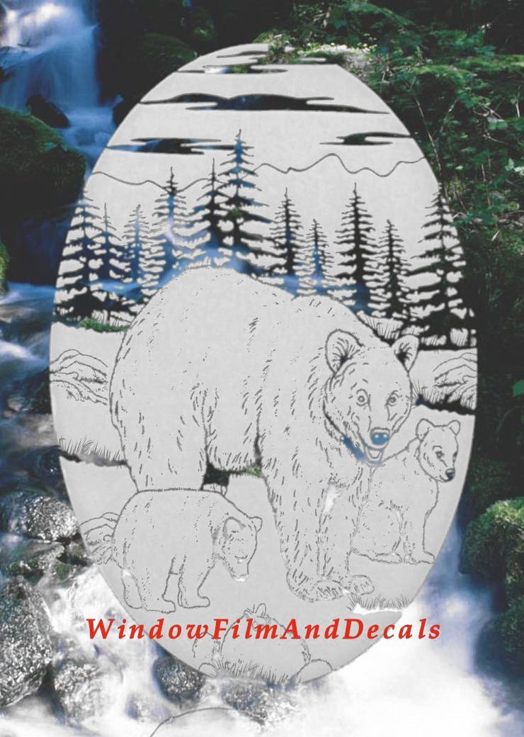 Bears Static Cling Window Decal 10×16 OVAL Etched Glass Look Country Door Decor