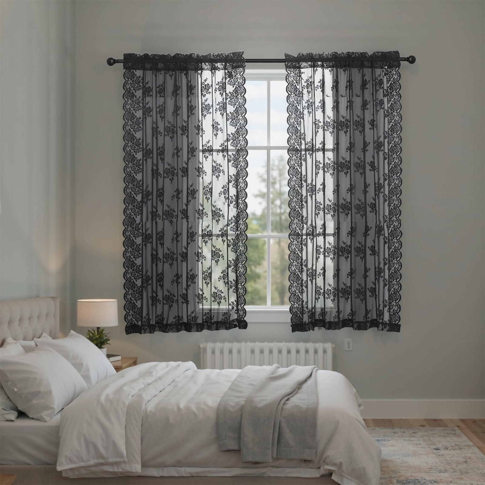 Black Lace Sheer Curtains 42 x 54 Inch 2 Panels Rod Pocket Vintage Privacy