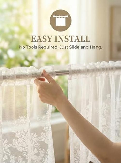 White Lace Valances for Windows 51x16inch, Lace Floral Embroidered Semi Sheer