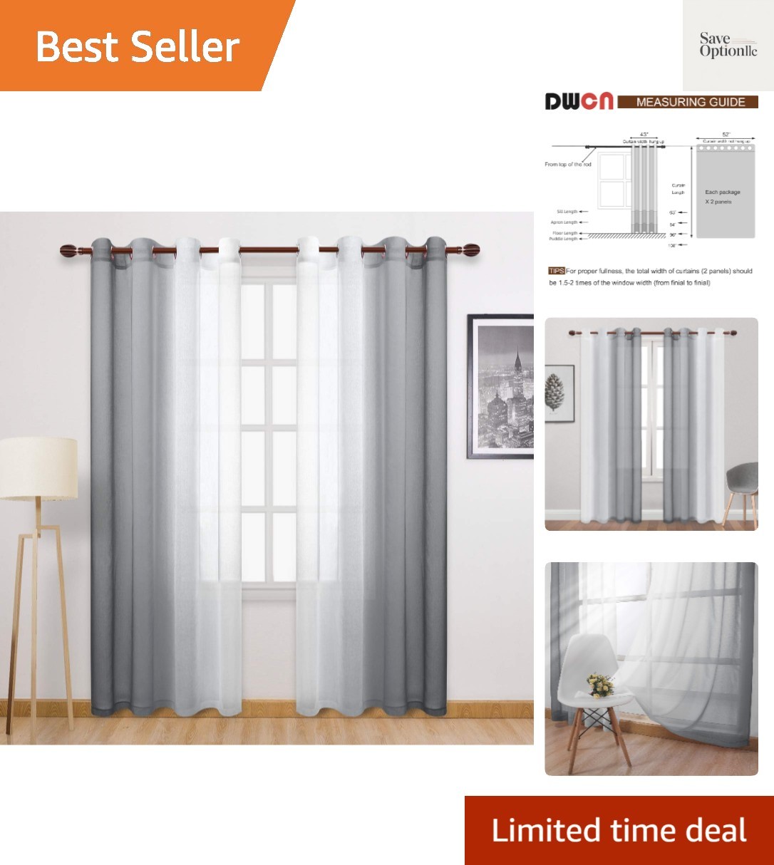 Grey Faux Linen Ombre Sheer Curtains – Semi Voile Gradient Grommet Top Curtai…