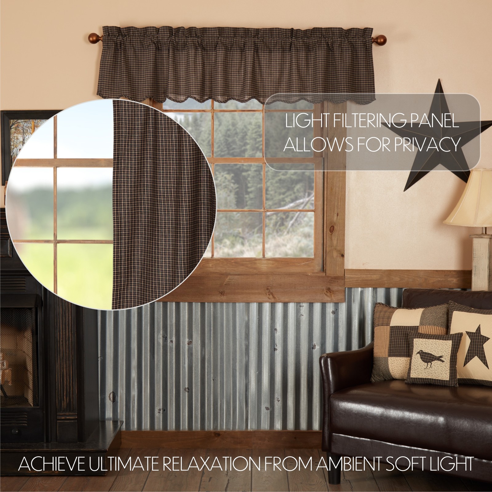 Primitive 16″x72″ Plaid Valance Black Rod Kitchen Window Curtains VHC Brands