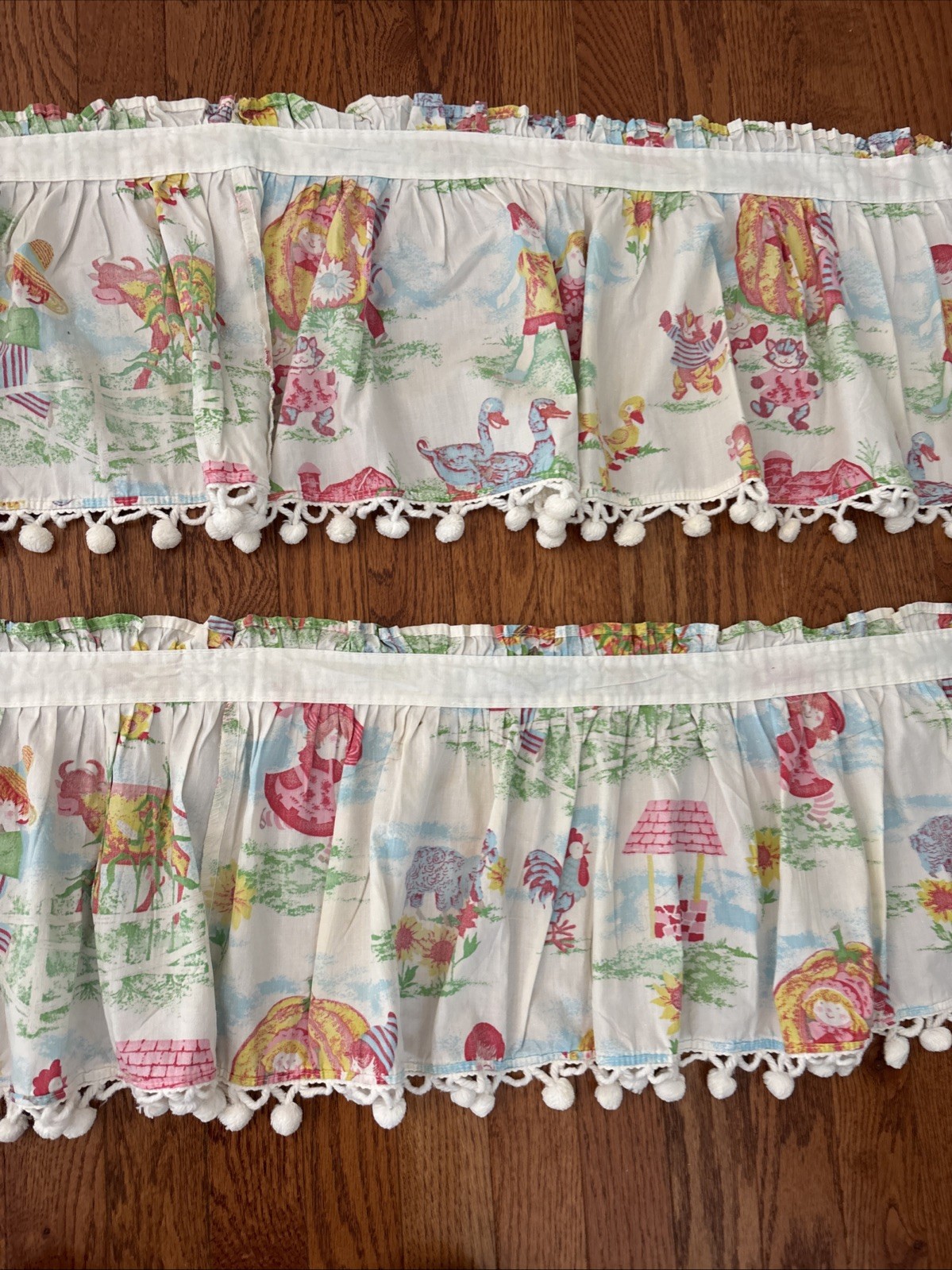 Vtg Kids Novelty Storybook Valance Lot 2 Handmade Rod Pocket Pom Pom Trim Retro
