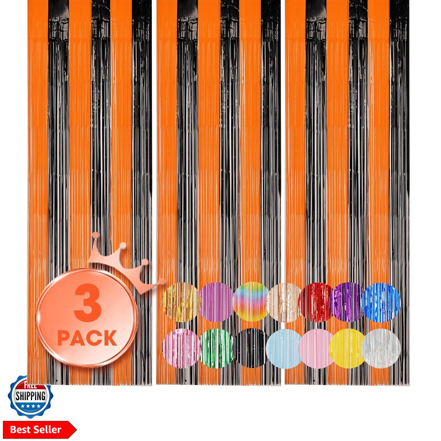 3 Pack 3.3×8.2 Feet Black and Orange Foil Fringe Backdrop Curtains, Tinsel St…
