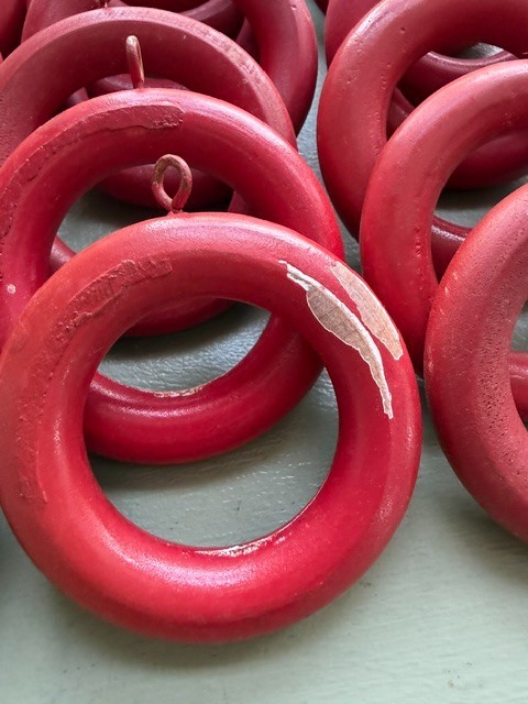21 Large Vintage Red Wooden Curtain Drapery Hanging Rod Rings w/Eye Screw