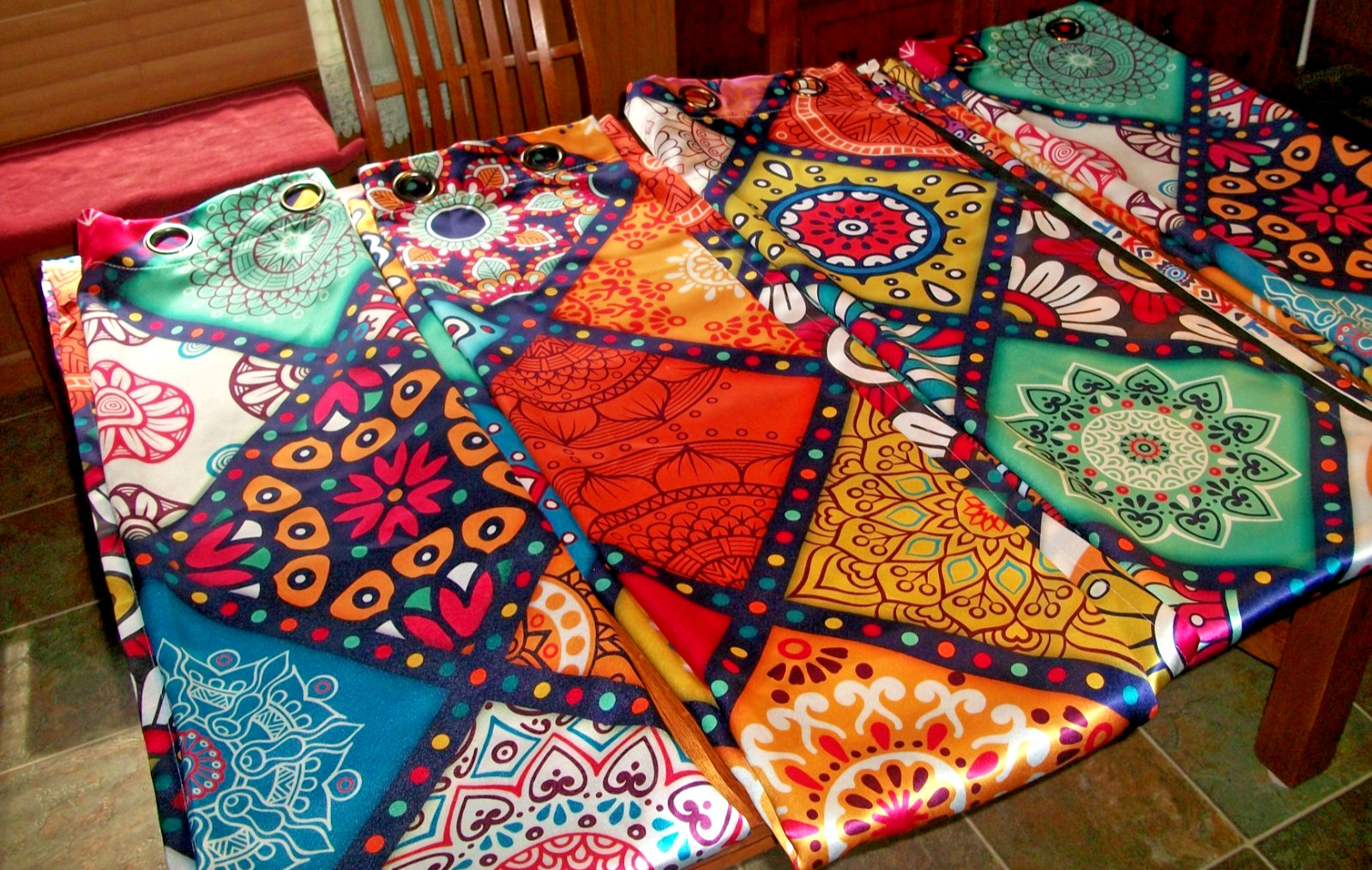 4 PANELS 52X84 COLORFUL MANDALA BLACKOUT HEAVY SATIN GROMMET CURTAINS PANELS LOT