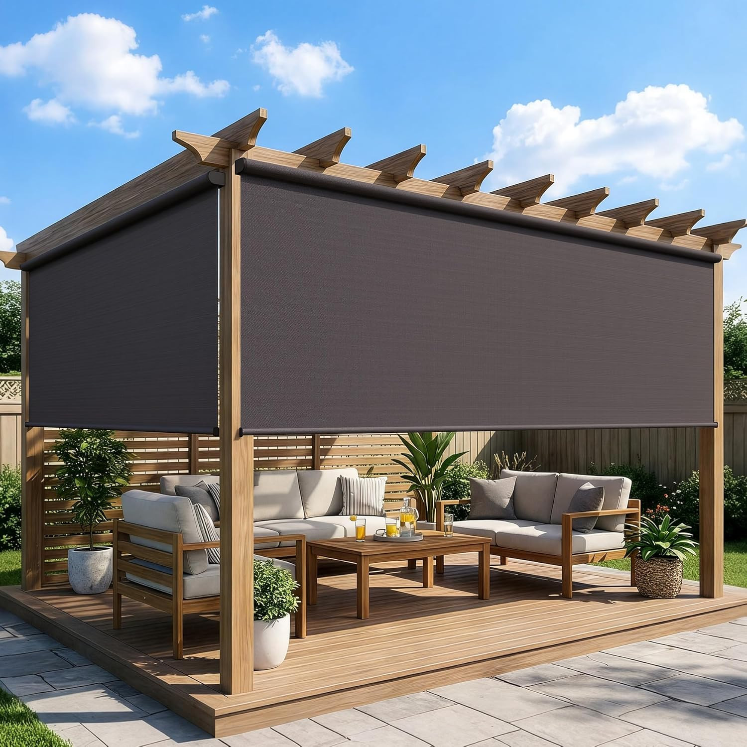 Patio Outdoor Roller Shades 10’W x 8’H, 95% UV Protection, No Crank, Brown
