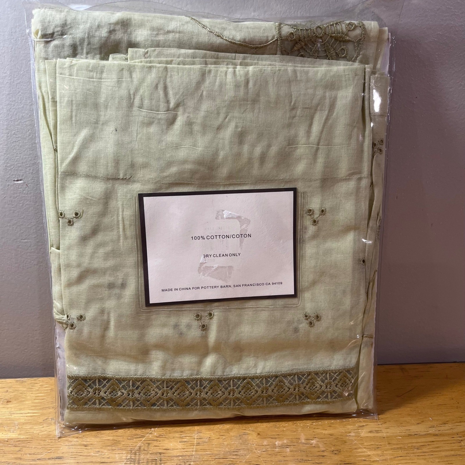 Pottery Barn Grace Curtain Panel Celery Green Eyelet Embroidery 44×63 Vtg Style