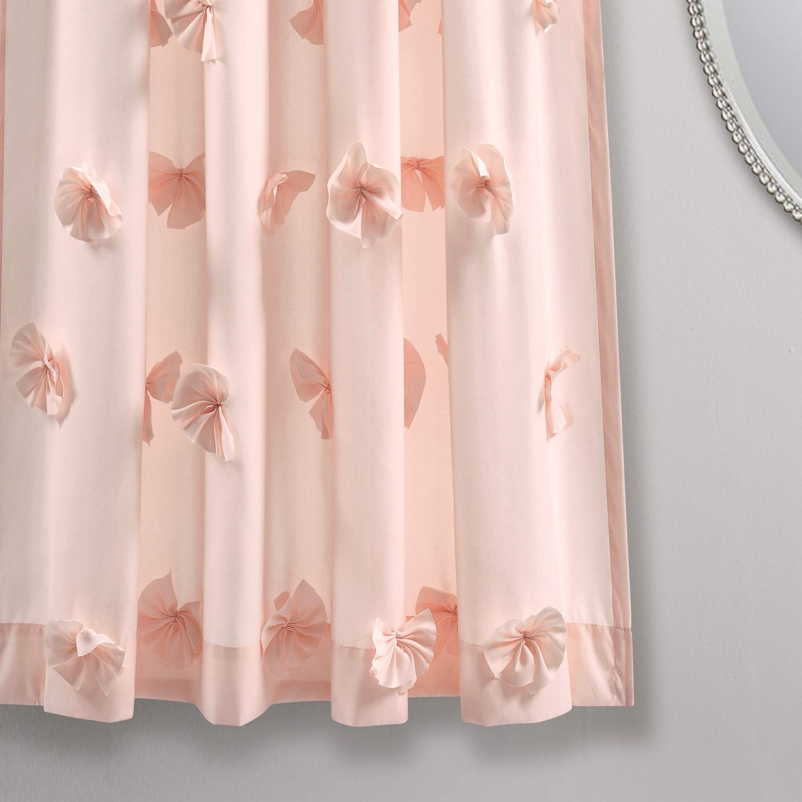 Riley 54×45 Light Filtering Window Curtain Panel with Handmade Bow Details Blush