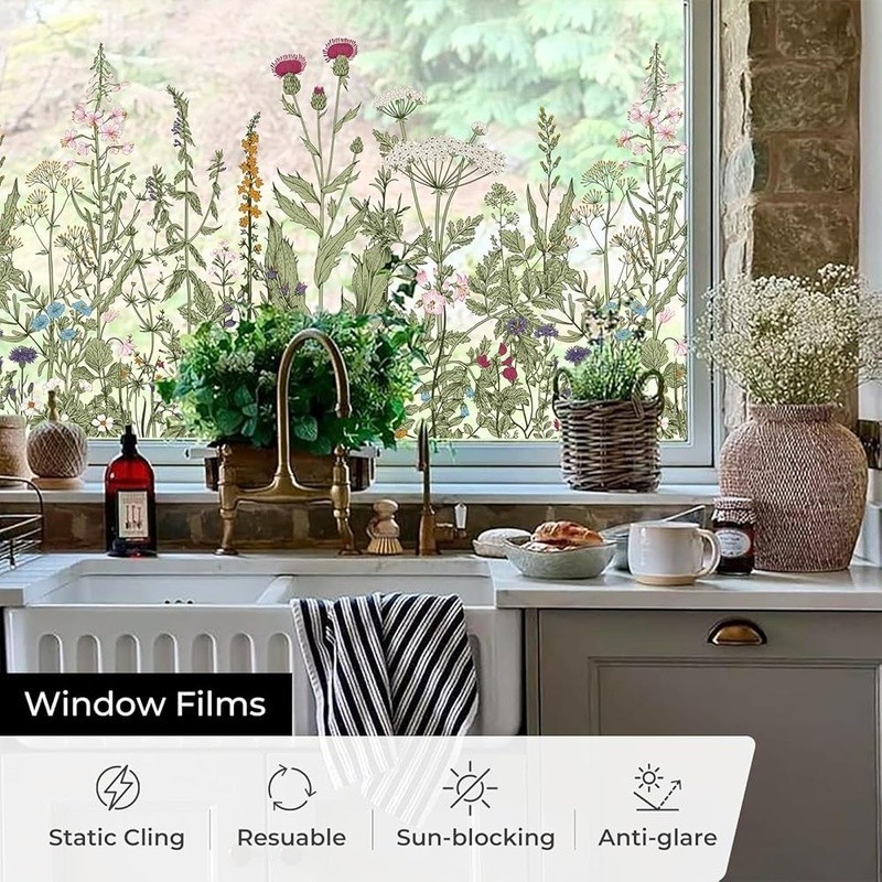 Vibrant Double-Sided Window Film Floral Decals Easy Application Home Decor New
