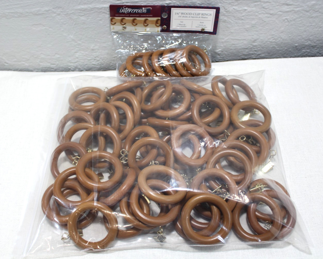 Lot of 63 Vtg Medium Brown Wooden Curtain Rod Drapery Rings w/Eye Hooks
