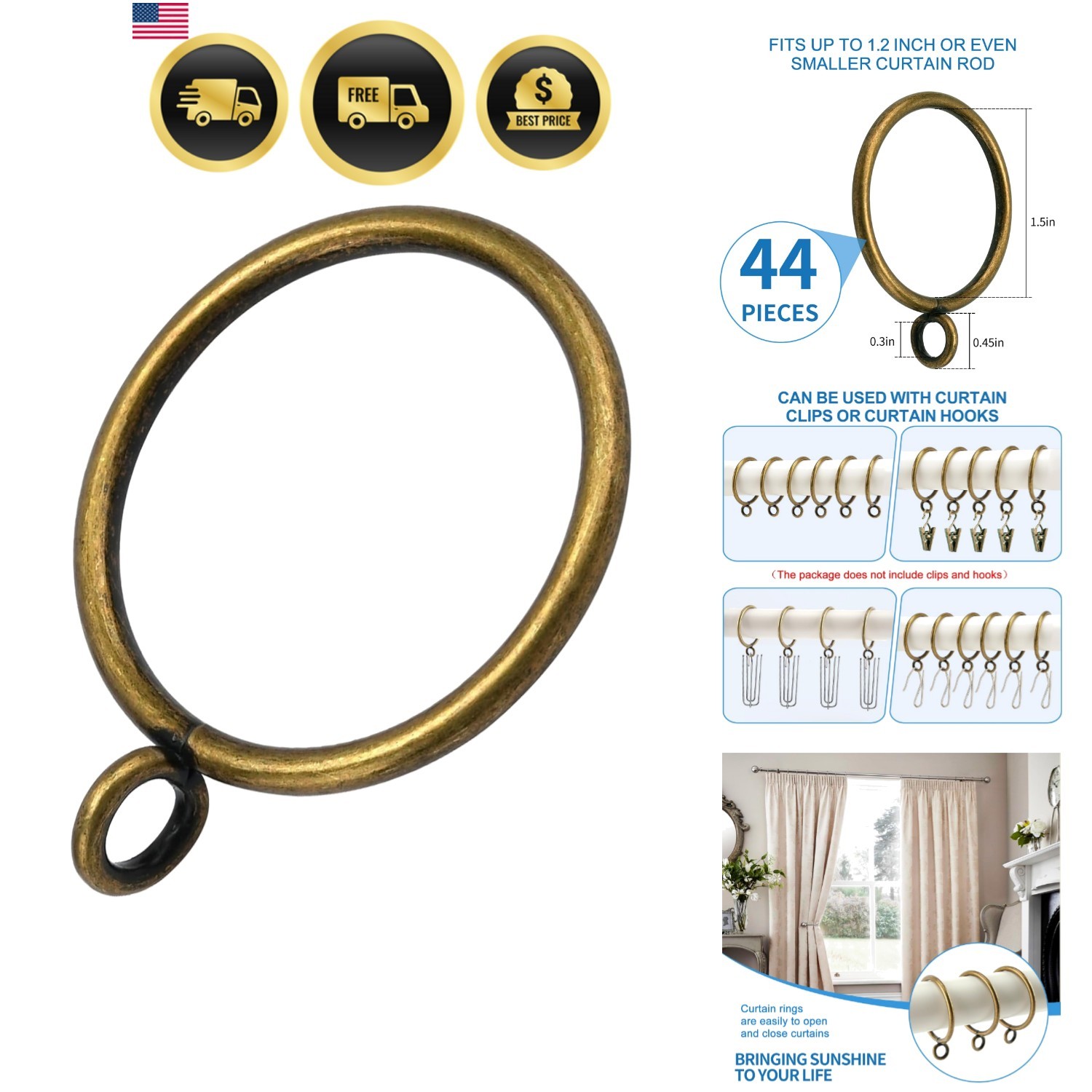 44 Pack Curtain Rings with Eyelets, Metal Drapery Rings for Pinch Pleat Curta…