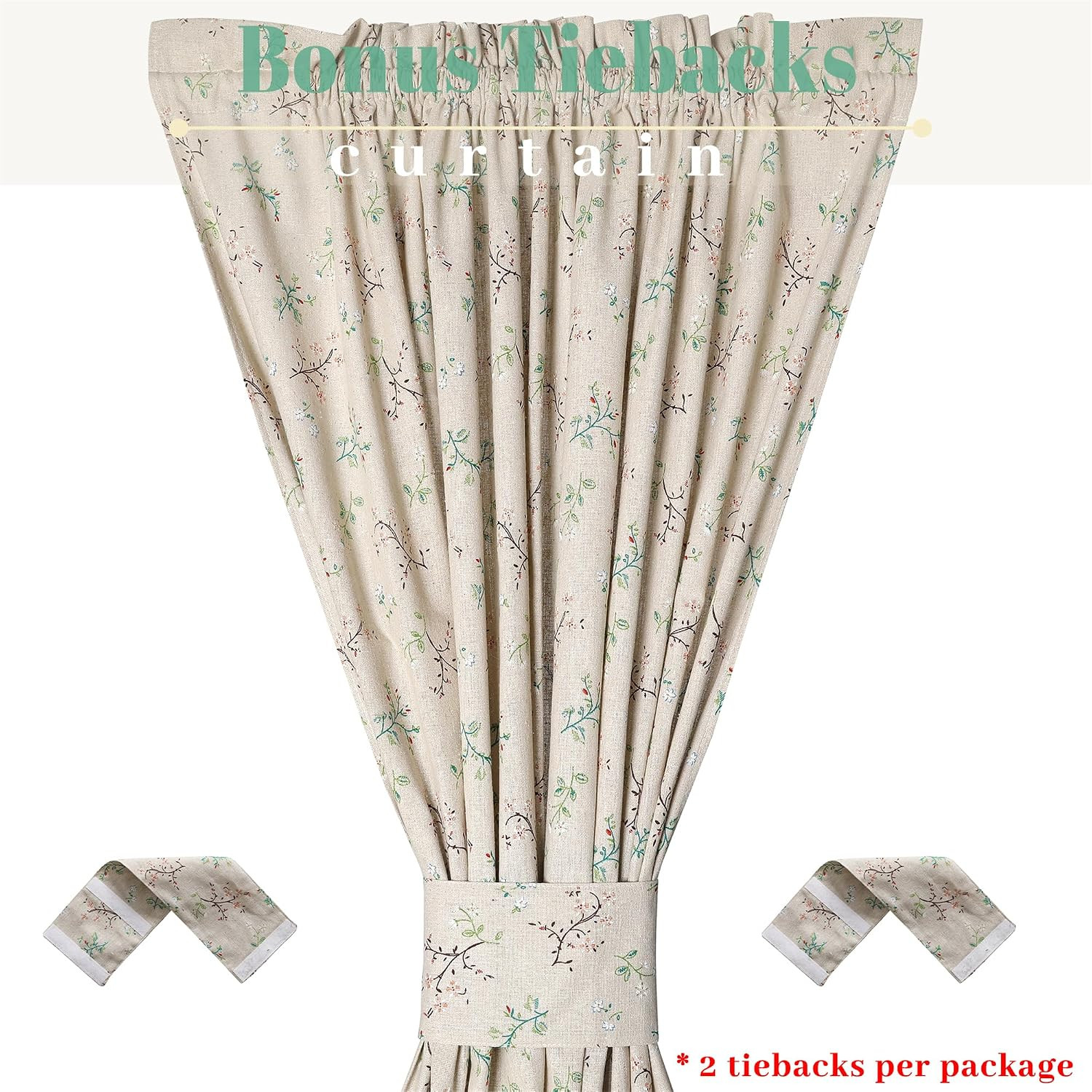 Linen French Door Curtains Set of 2, Elegant Country Style Little Grass and Flow