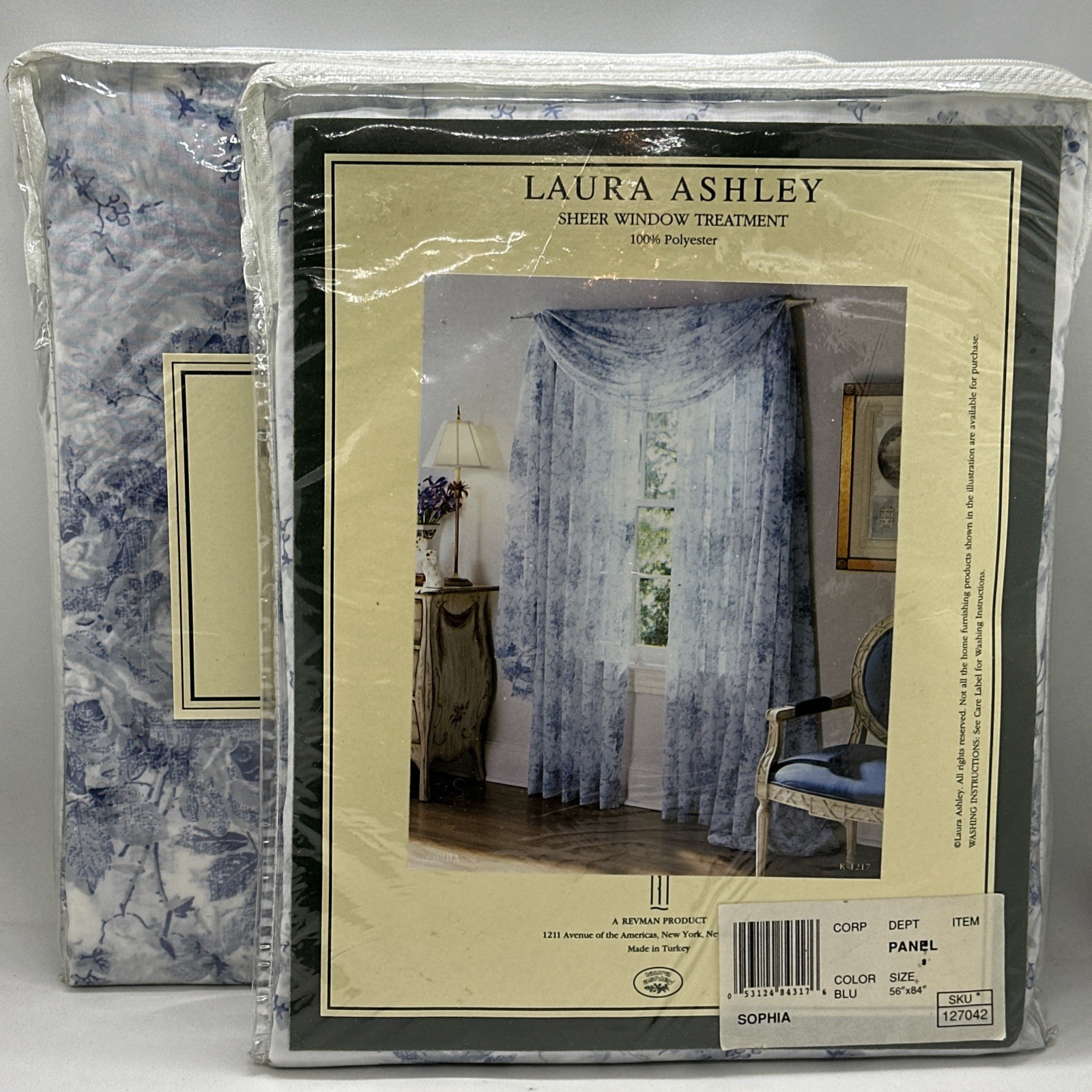VTG Laura Ashley Sophia 2PC Sheer Blue White Floral Panels & 1PC Bluoson Valance