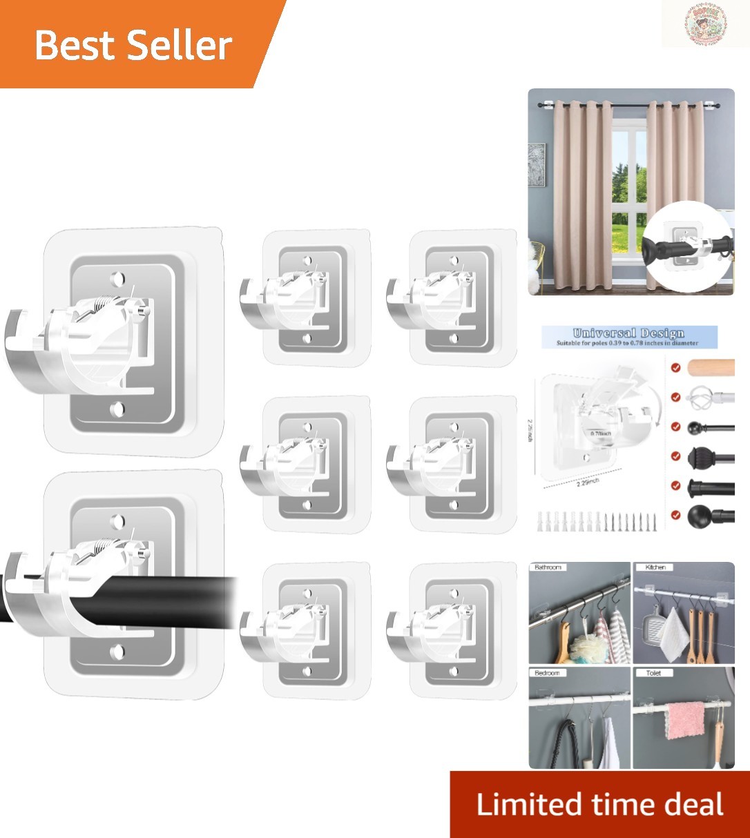 8-Pack No Drill Curtain Rod Holders with Durable Adhesive – Home & Hotel Use