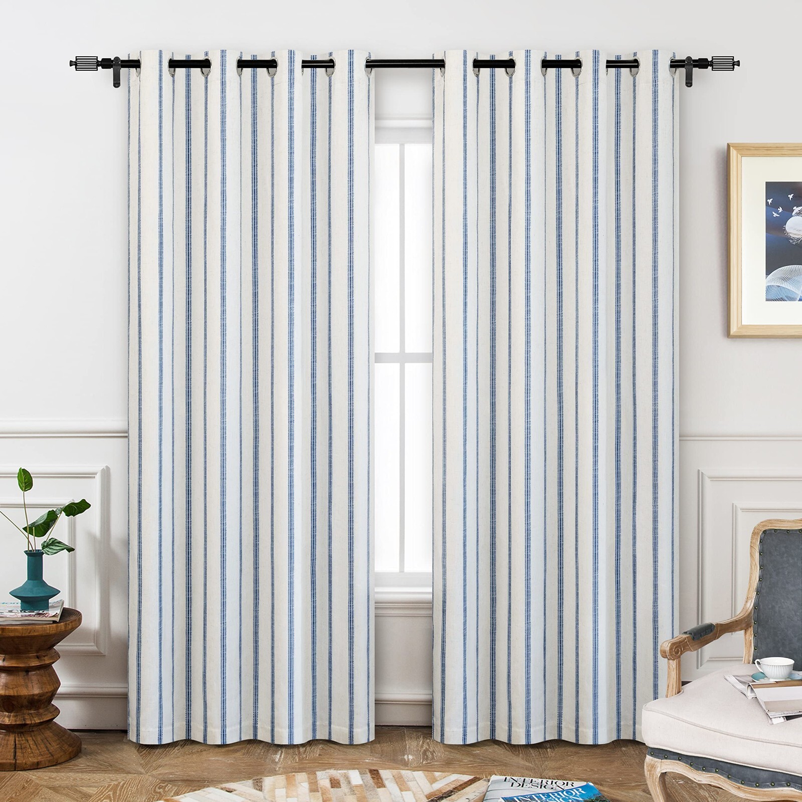 2 Panels Farmhouse Vertical Striped Linen Blackout Curtain Thermal Grommet Drape
