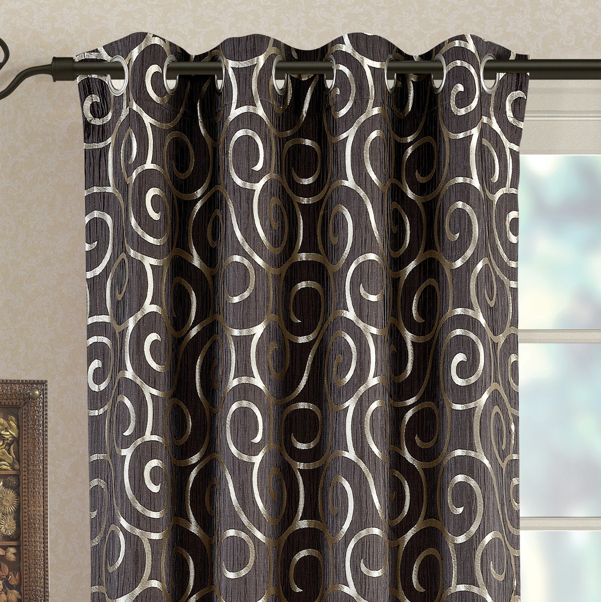 2 Panels Tuscany Abstract Jacquard Grommet Top Window Drapes & Curtains