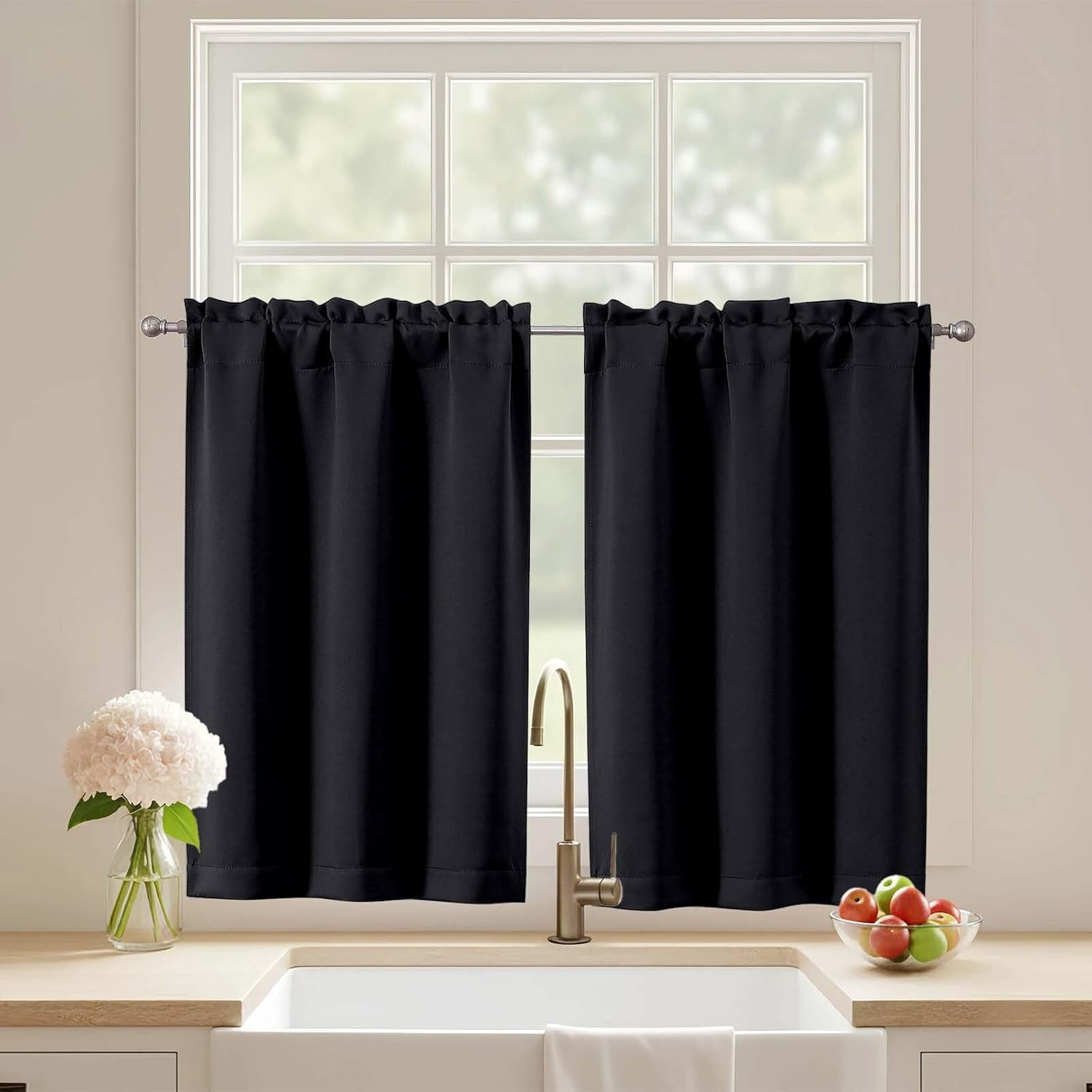 Black Blackout Curtains for Small Window Treatment, Light Blocking Short Kitchen