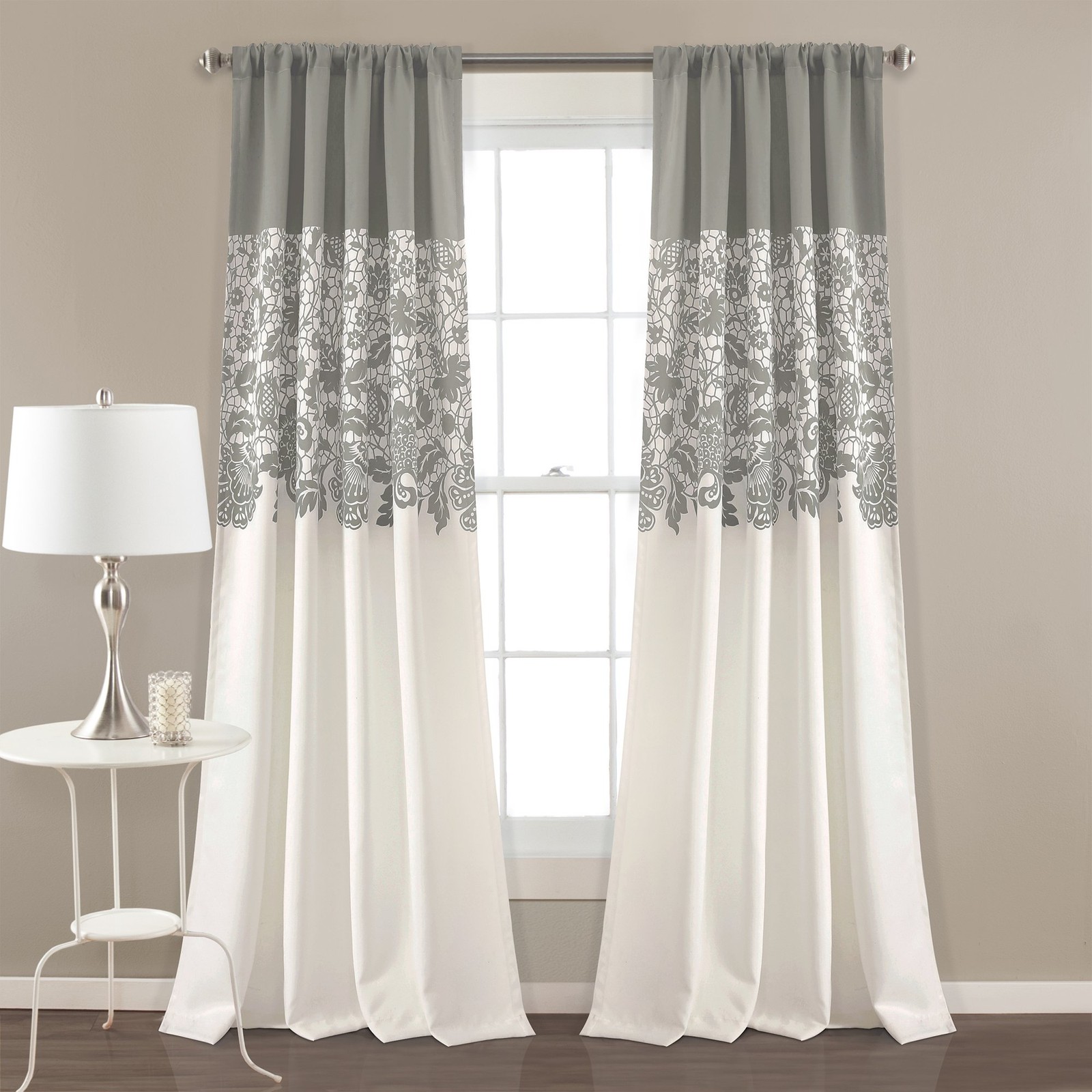 LUSH DÉCOR Estate Garden Print Curtains Light 52″W x 84″L (Pack of 2), Grey