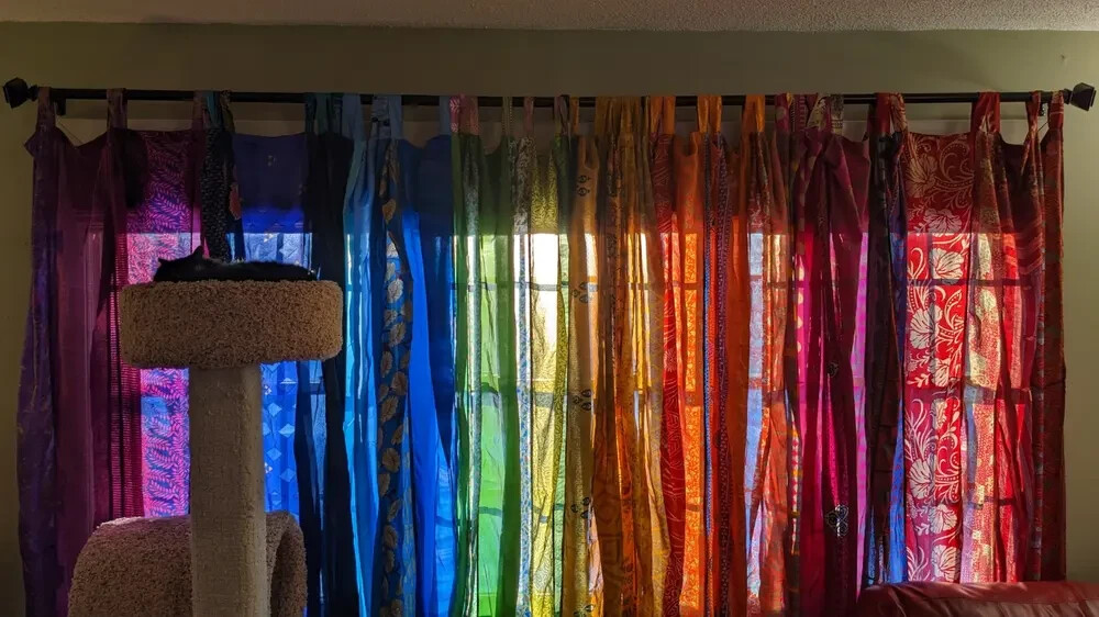 2 Pc Indian Old Recycle Silk Saree Boho Multi Curtain Door Drape Decor Curtain
