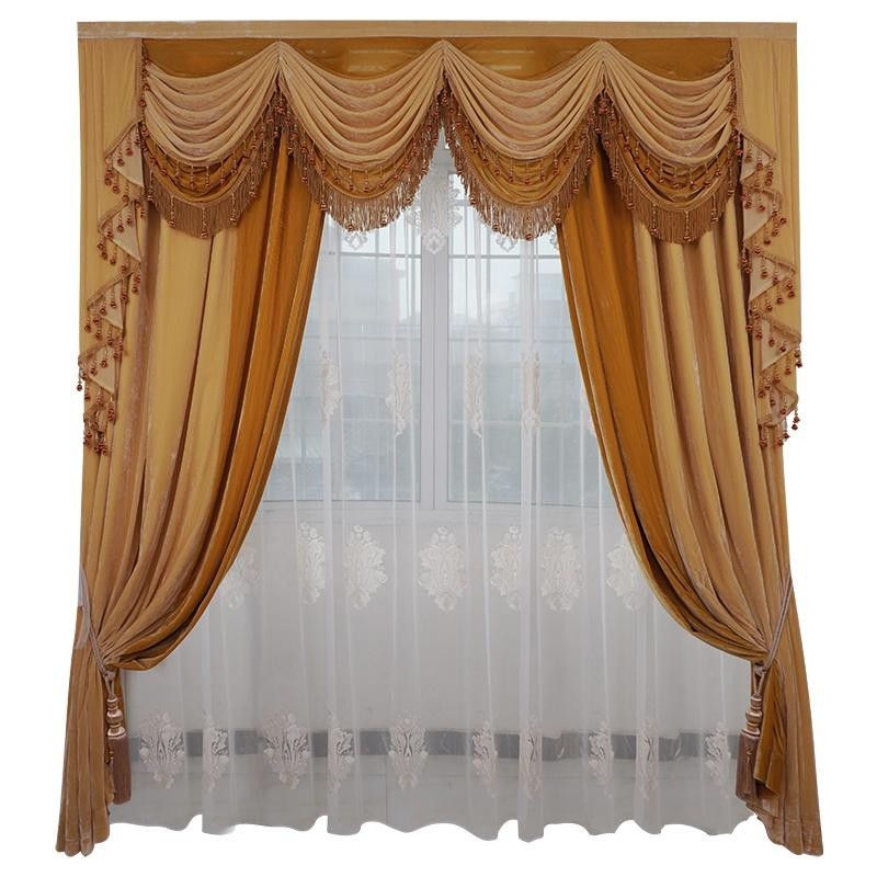 luxury European yellow Embroidery valance livingroom Velvet curtain tulle M1775