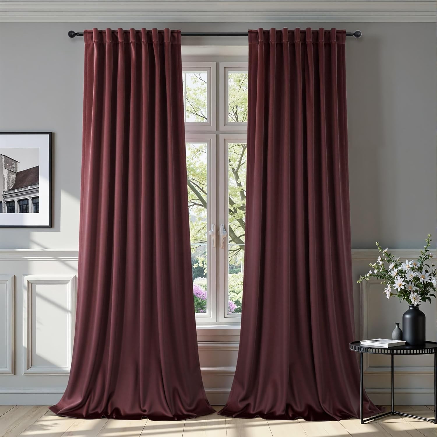 Room Darkening Luxurious Velvet Curtains Ruby Wine 108 Inches Long 2 Panel Noise