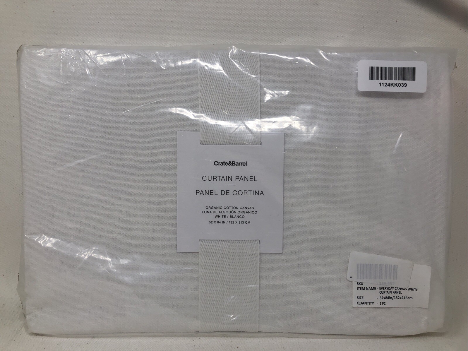 Crate & Barrel White Curtain Panel, Organic Cotton Canvas 52x84in / 132x213cm